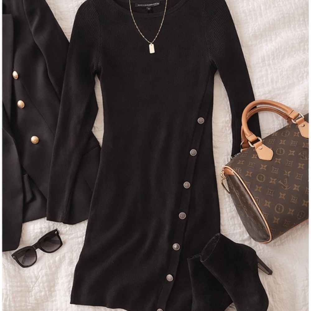 White House Black Market Tunic Boatneck Ribbed Button Side Sweater Top Black XS